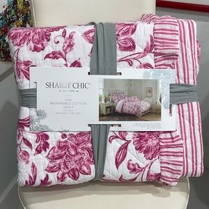 Shabby Chic Pink( Fuschia)/White Floral/Striped Print Reversible KING QUILT